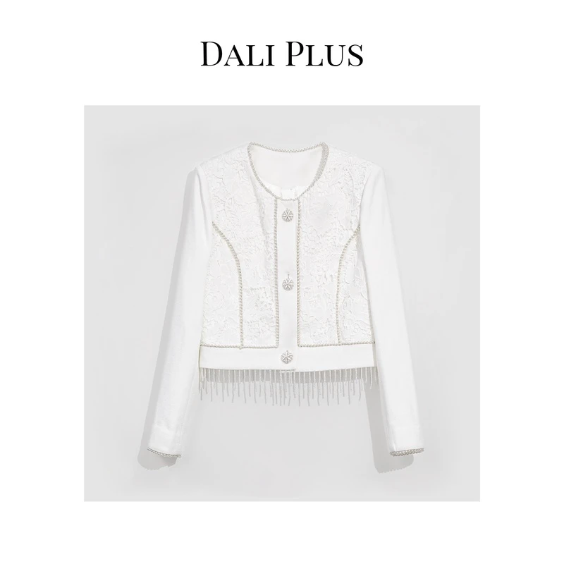 DALI PLUSJIN口醋酸精奢水晶珍珠流苏拼法蕾臻藏款女外套-F235212