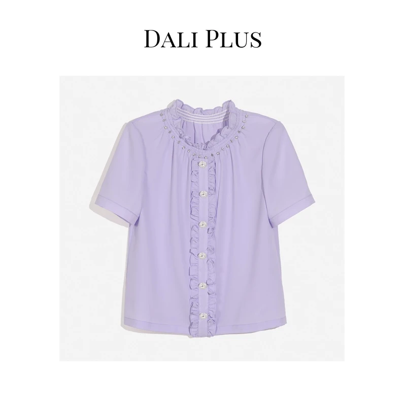 DALI PLUS法式浪漫温柔紫色精致木耳边套头休闲短袖衬衫-F235201