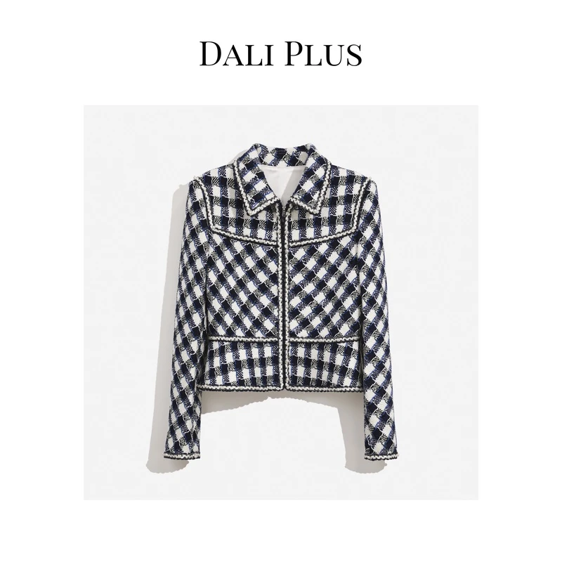 DALI PLUS中古设计蓝白格 钉珠拉链小香风长袖上衣女外套-WY-0625