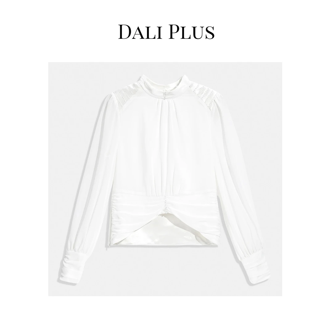 DALI PLUS时尚气质优雅白色通勤立领醋酸衬衫-23211602