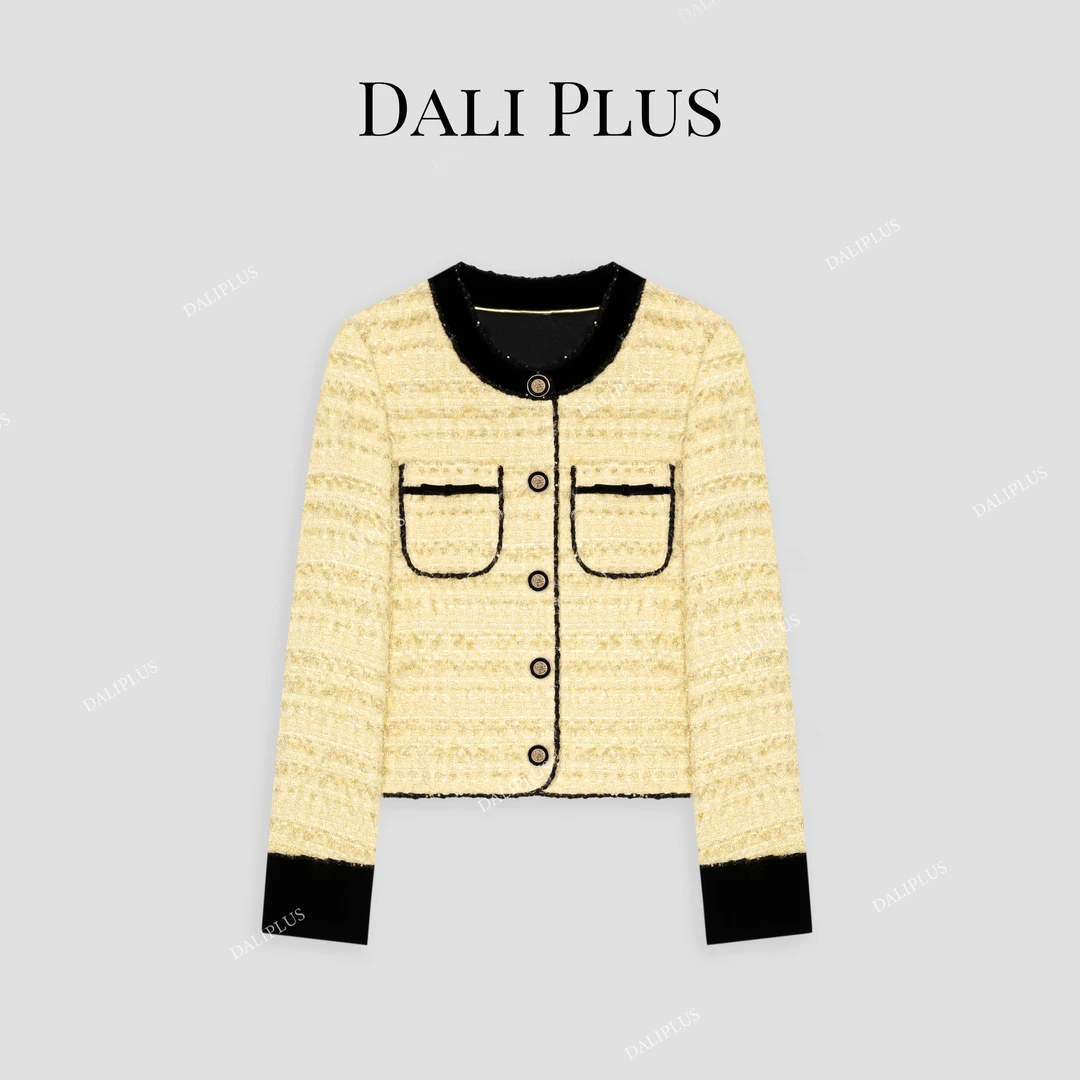 DALI PLUS轻奢法式高级感黑丝绒撞黄色小香风长袖外套-D4XY0220