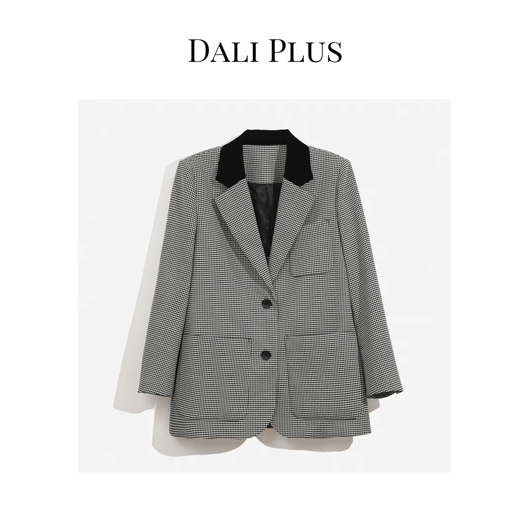 DALI PLUS高端线大廓形撞色领 黑白格子西装外套-23213207