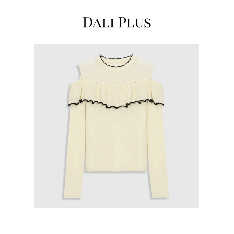 DALI PLUS撞色露肩圆领气质百搭长袖女士针织衫上衣-热力感-C1012