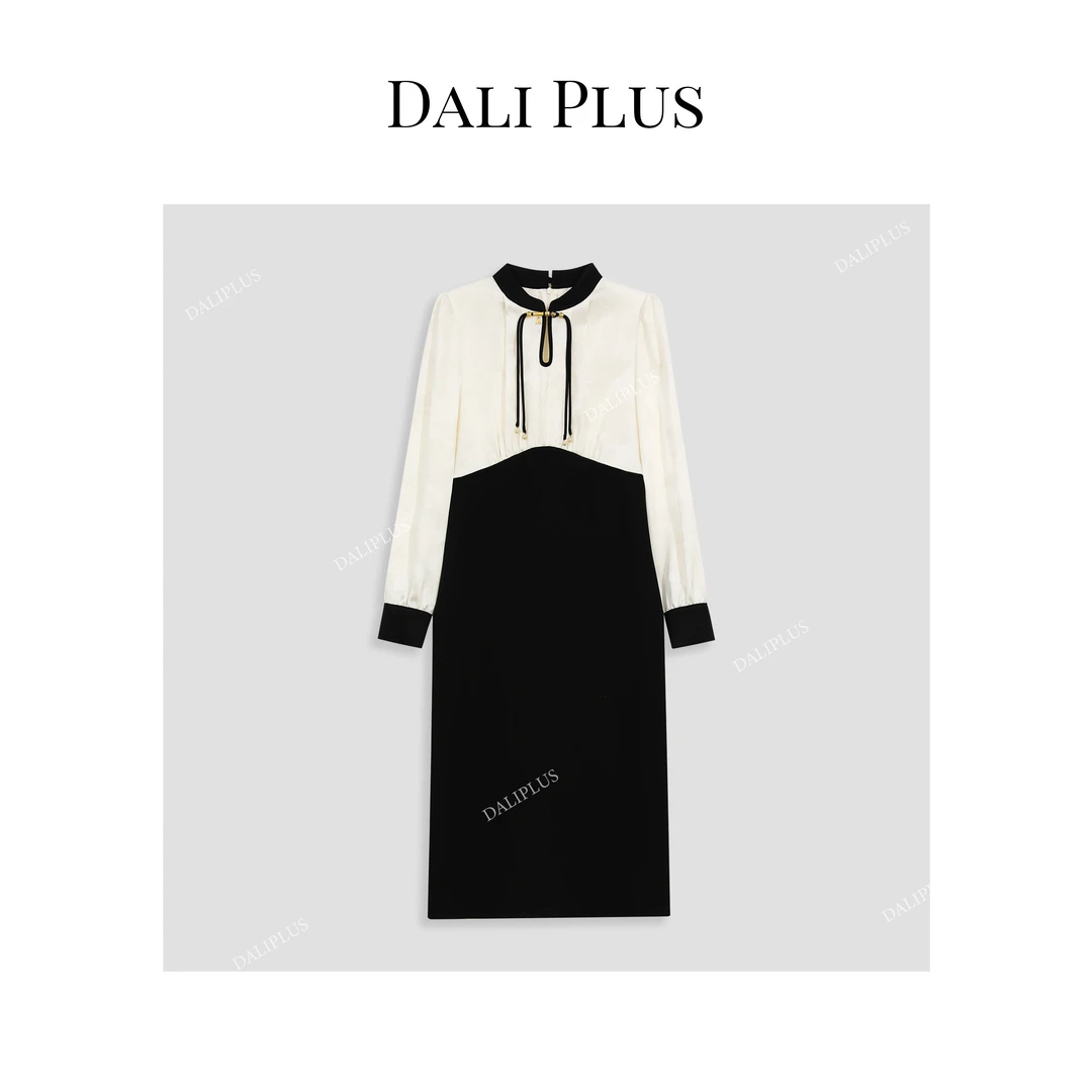 DALI PLUS新中式恋夏风暗纹提花黑白撞色气质醋酸连衣裙-D4SS0009