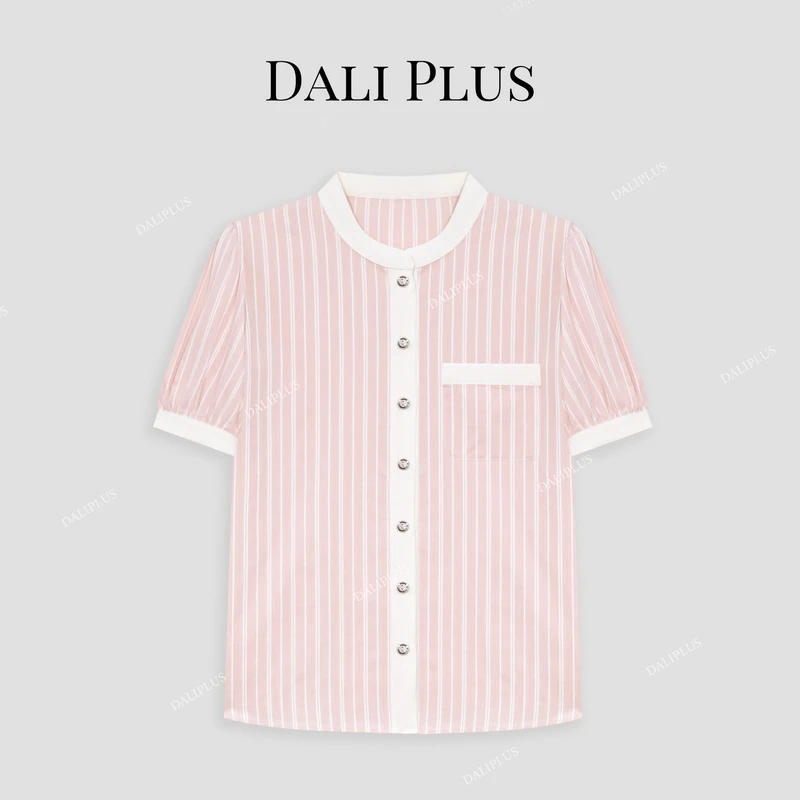 DALI PLUS原创设计 粉白撞色竖条纹圆领泡泡袖短袖衬衫-D4XY0108
