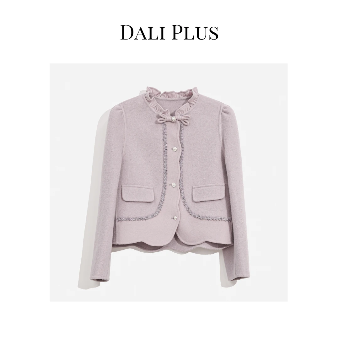 DALI PLUS新中式绵羊毛桑蚕丝灰紫色盘扣毛呢外套热力感ZQ23-W289