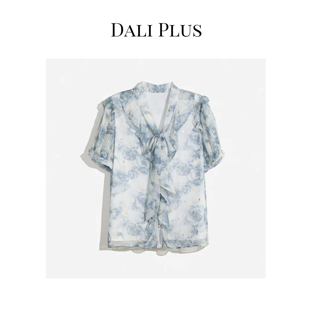 DALI PLUS夏季蓝色烫金飘带百褶袖印花短袖防晒衬衫-WY-0530