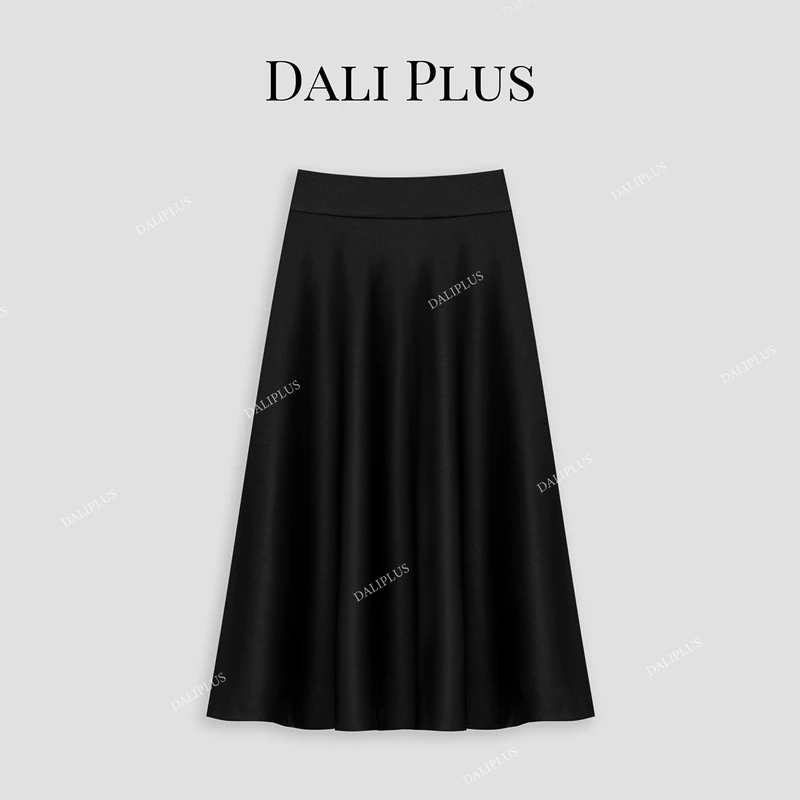 DALI PLUS高腰优雅法式缎面高档黑色显瘦A字半身裙伞裙-D4SZ0074