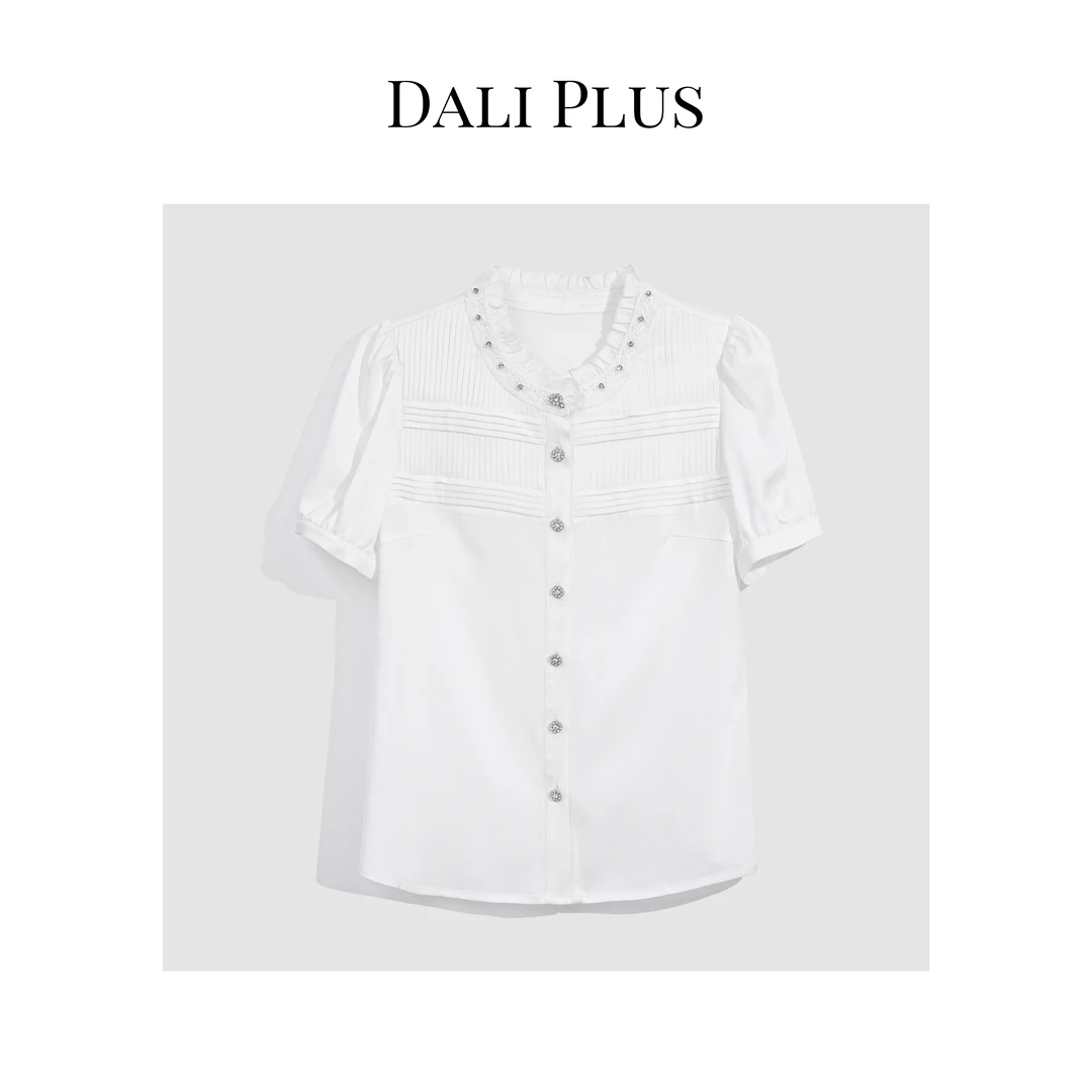 DALI PLUS精致压褶设计气质木耳领白色夏季醋酸短袖衬衫GZ-04002