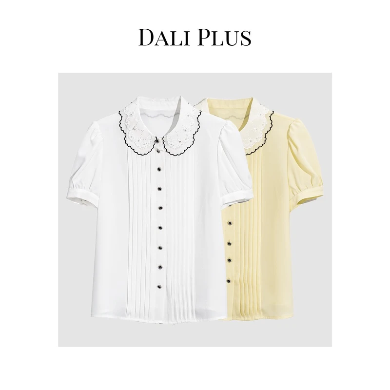 DALI PLUS精致撞色娃娃领减龄通勤 压褶泡泡袖夏季短袖衬衫-G6295