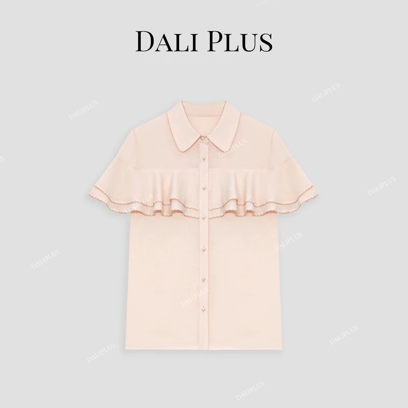 DALI PLUS法式醋酸橘粉色斗篷式双层荷叶边刺绣夏季衬衫-D4SS0139