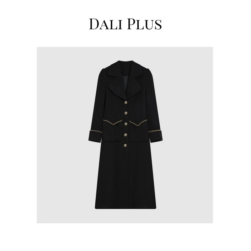 DALI PLUS高奢款 黑色单面斜纹  皮穿链条 风衣大衣-ZS-019