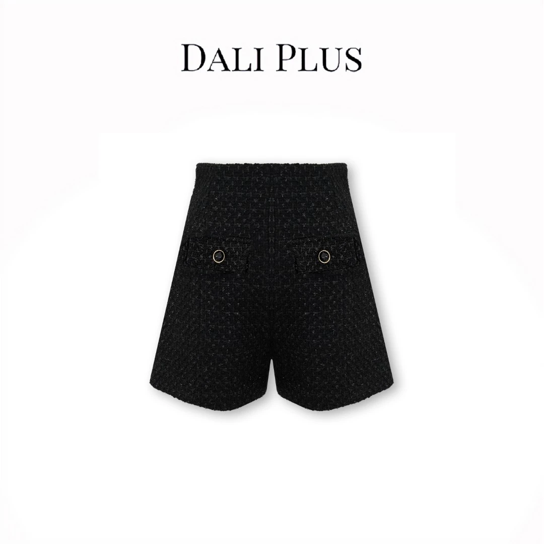 DALI PLUS【大李家】时尚高腰显瘦气质黑色小香风短裤-22T-0954