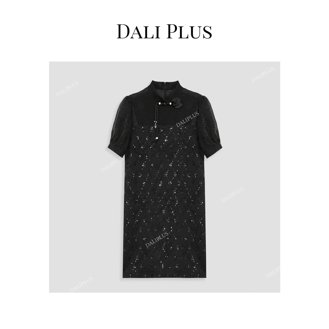 DALI PLUS新中式恋夏风暗纹提花拼接重工亮片立领连衣裙-D4SS0052