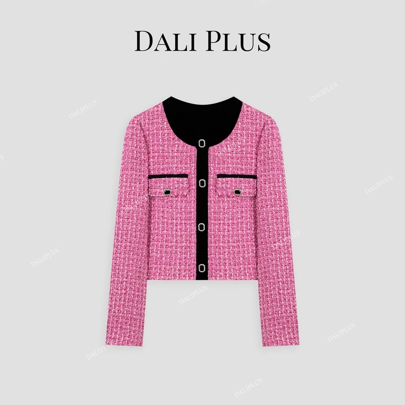 DALI PLUS天奴粉撞黑丝绒小香风外套-D4CH0074