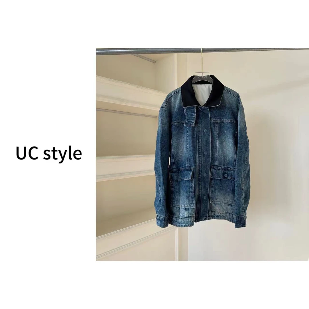 Q251撞色翻领渐变牛仔外套主播穿M码