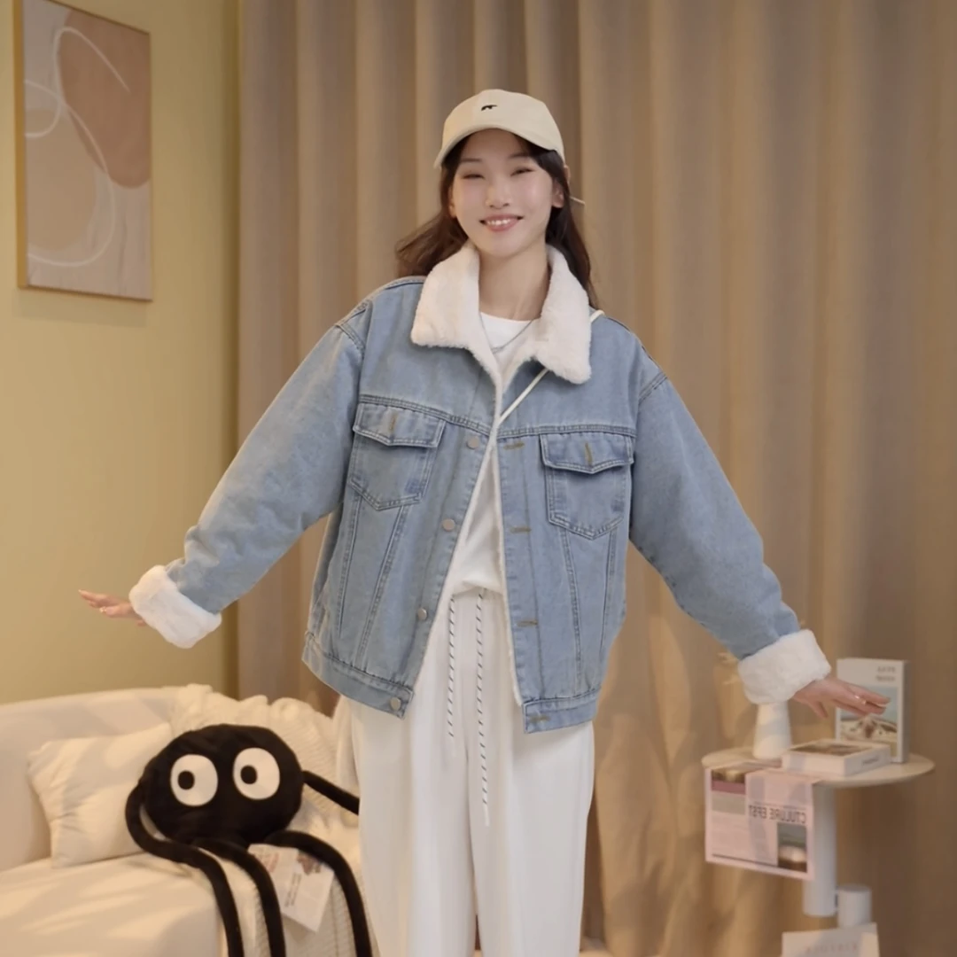 牛仔外套女秋冬新款加绒加厚小个子复古宽松显瘦保暖百搭夹克上衣