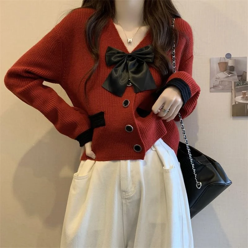 春款小香风蝴蝶结针织开衫女2025新款温柔系甜美别致v领毛衣外套