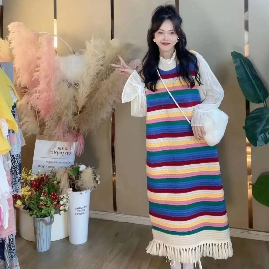 秋冬新款复古长款流苏针织马甲连衣裙韩版时尚宽松减龄无袖毛衣裙