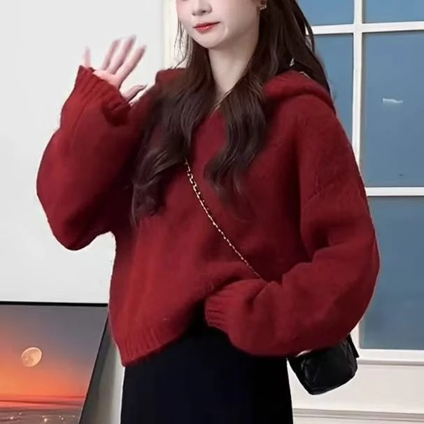 安可拉红连帽套头毛衣秋冬款外穿气质网红爆款ins遮肚百搭针织衫