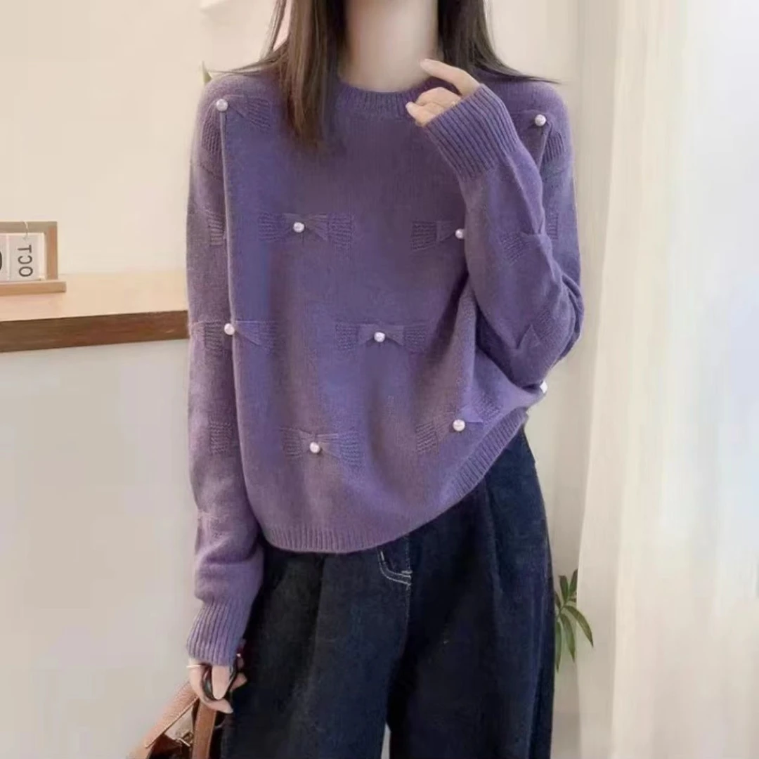 2025春秋季新款洋气慵懒风打底钉珠套头宽松圆领毛衣针织衫上衣女