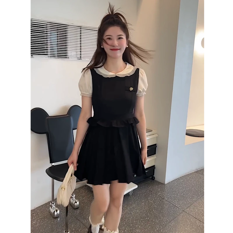 福七oni法式千金感百褶连衣裙女小个子时尚气质小香风黑色短裙夏