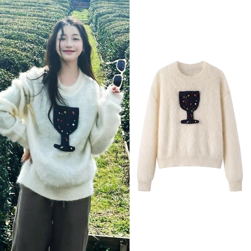 K1058姜贞羽同款奖杯毛衣2024冬季新款韩系慵懒风宽松针织上衣女