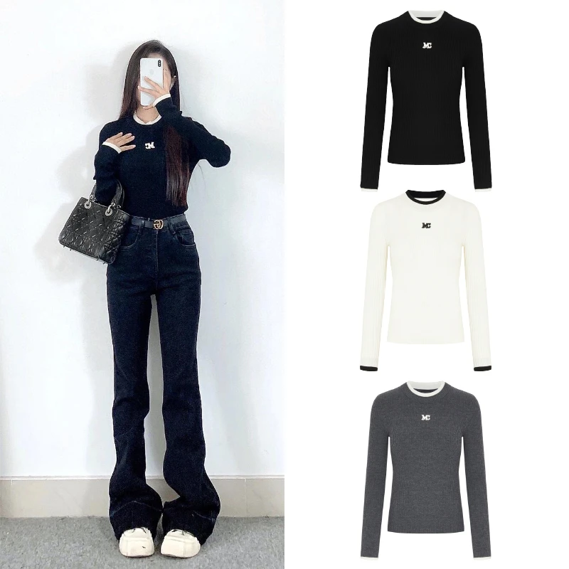 8033【M】  半假两件修身款针织衫长袖针织衫显瘦气质时尚百搭