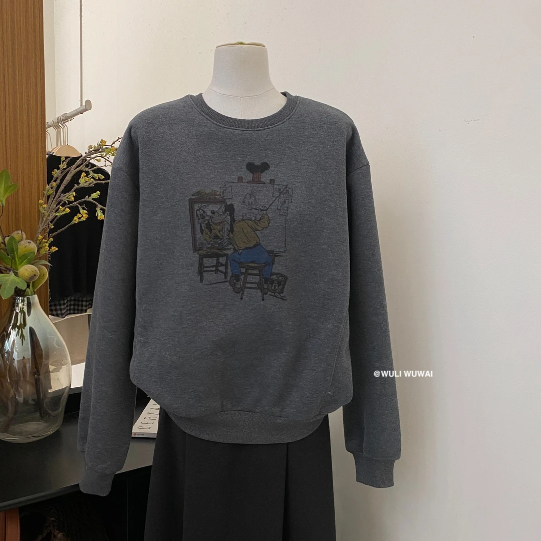 【NO退NO换】鑫燃KIKI 加绒加厚复古百搭高级感图案卫衣 69031 WU