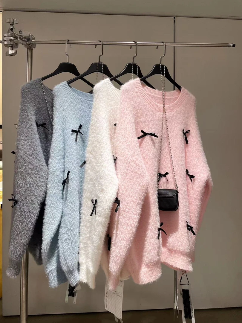 鑫燃KIKI 纯色温柔慵懒感蝴蝶结针织衫 8151 JCC