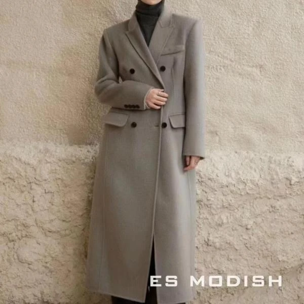 【NO退NO换】【ES MODISH】韩版气质收腰西装领长款羊毛大衣 2501