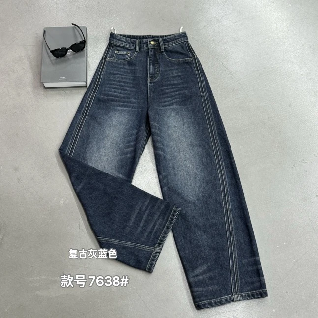 鑫燃KIKI 复古水洗设计加绒直筒阔腿牛仔裤 7638 潇家