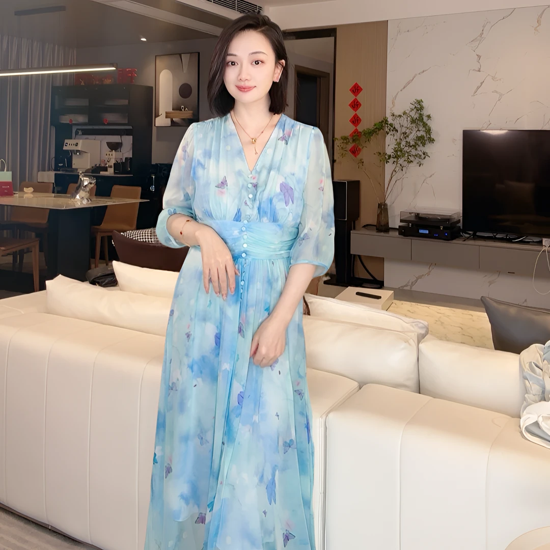 《潇潇心选》蓝色蝴蝶松紧腰桑蚕丝连衣裙 90433轻奢气质女装连衣裙