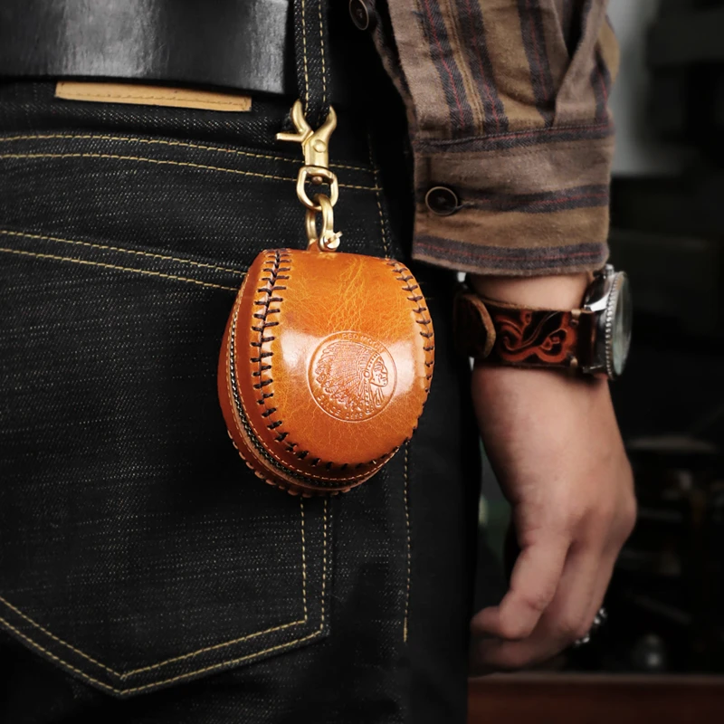 植鞣头层牛皮钥匙包复古手工棒球包真皮零钱包耳机包复古收纳包潮
