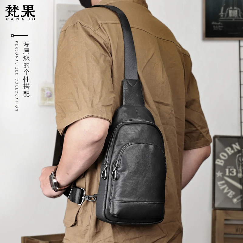植鞣头层牛皮男士胸包真皮斜肩包休闲斜挎包肩包复古小背包腰包潮