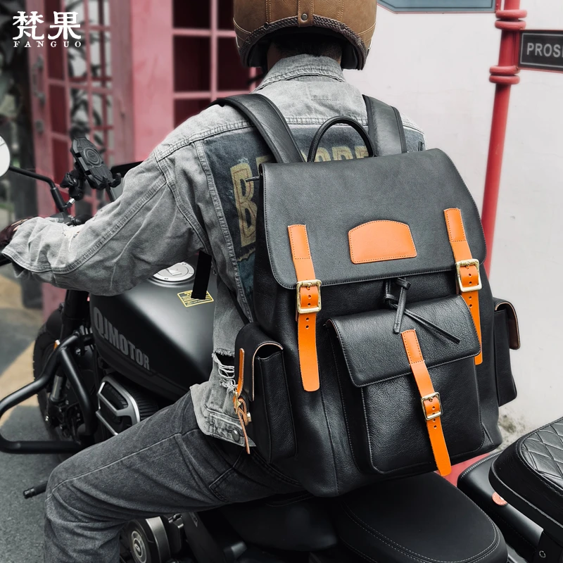 复古男士植鞣牛皮双肩包机车风书包潮流休闲大容量旅行包电脑背包