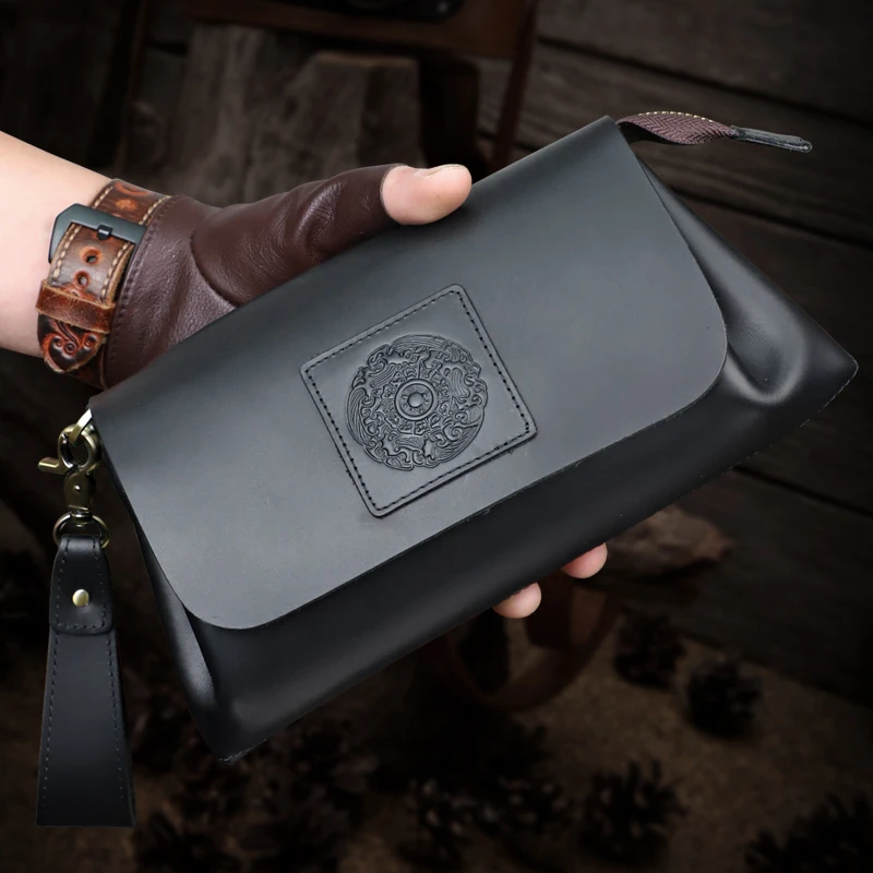 男手拿包真皮复古手包疯马牛皮多功能钱包手腕包商务休闲男式手包