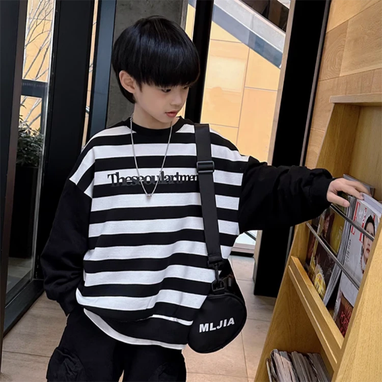 儿童春秋季卫衣开学穿搭男童帅气套头上衣中大童条纹潮款6-12岁