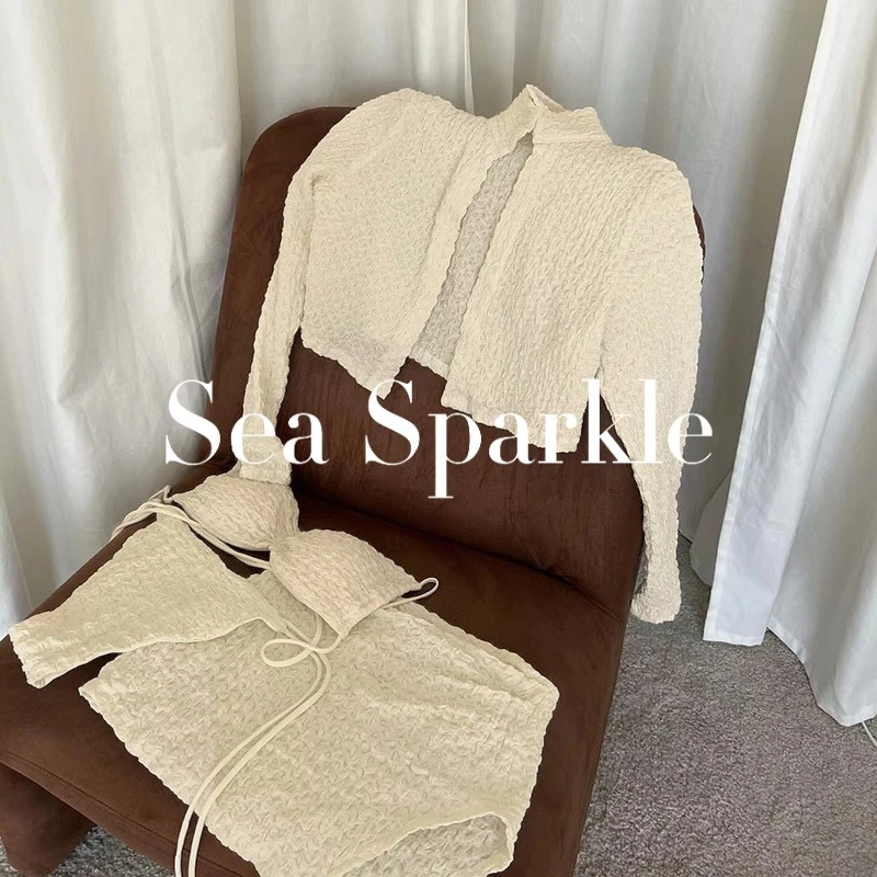 [sea sparkle]糯叽叽ins韩系高级米白色性感纯欲比基尼四件套沙滩