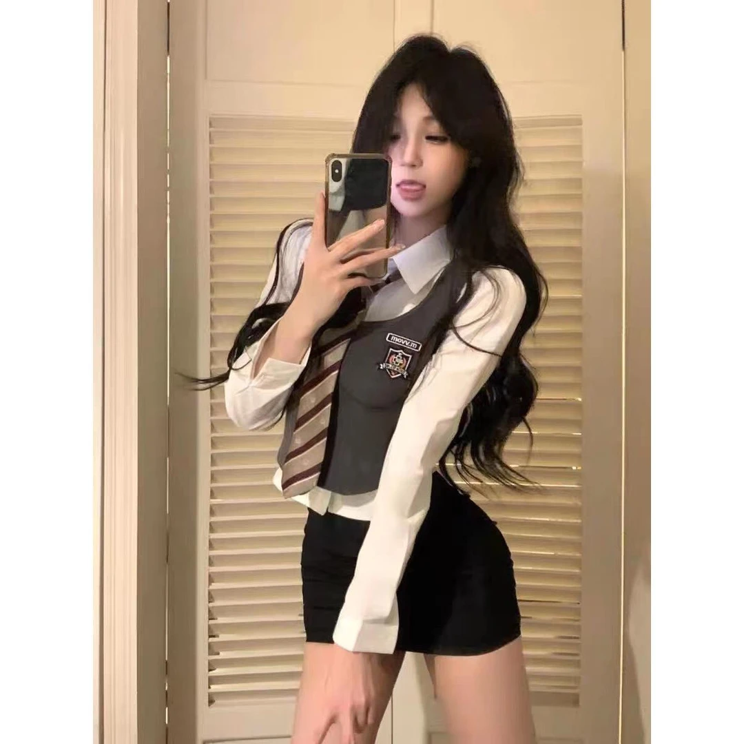 韩系JK制服三件套2024春秋显瘦衬衫针织马甲美式学院风包臀裙套装
