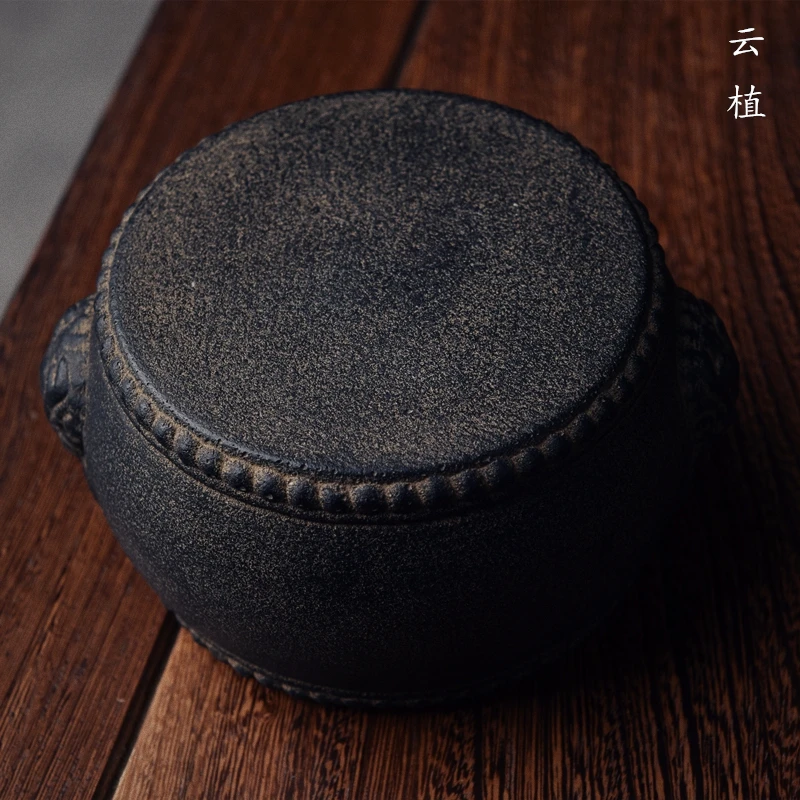 雲植.兽耳小高鼓仿古仿石花盆底座壶承杯垫