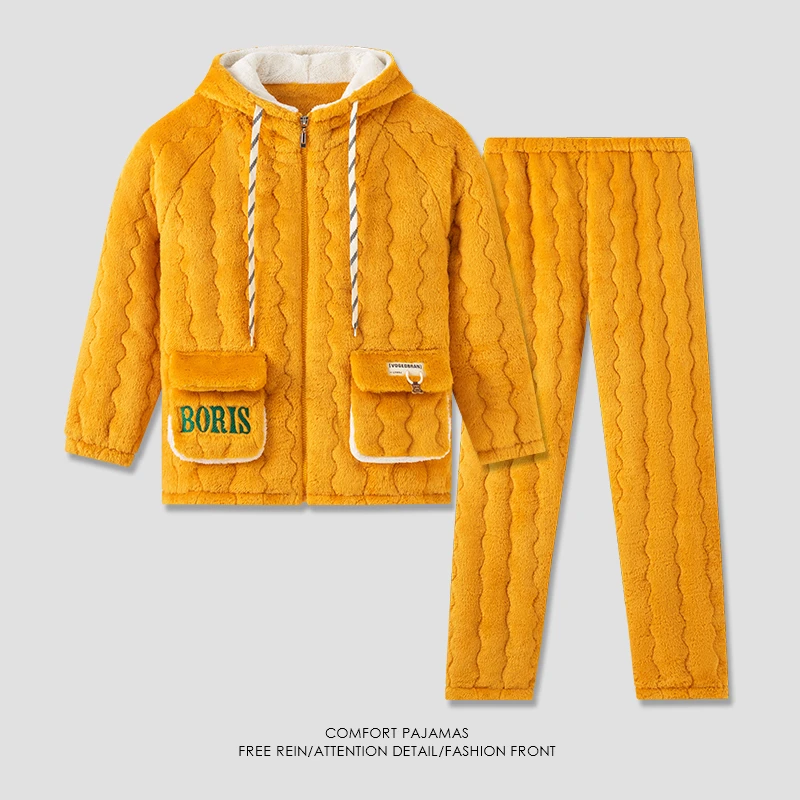 【黄色抽绳连帽】睡衣女冬加厚加绒睡衣家居服女睡衣女秋冬情侣睡