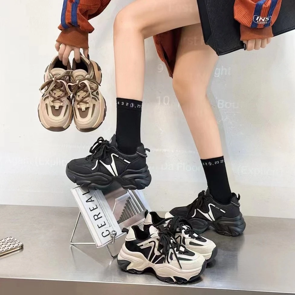 JR998女款冬季时尚百搭透气厚底潮流加绒网红老爹鞋系带防寒保暖