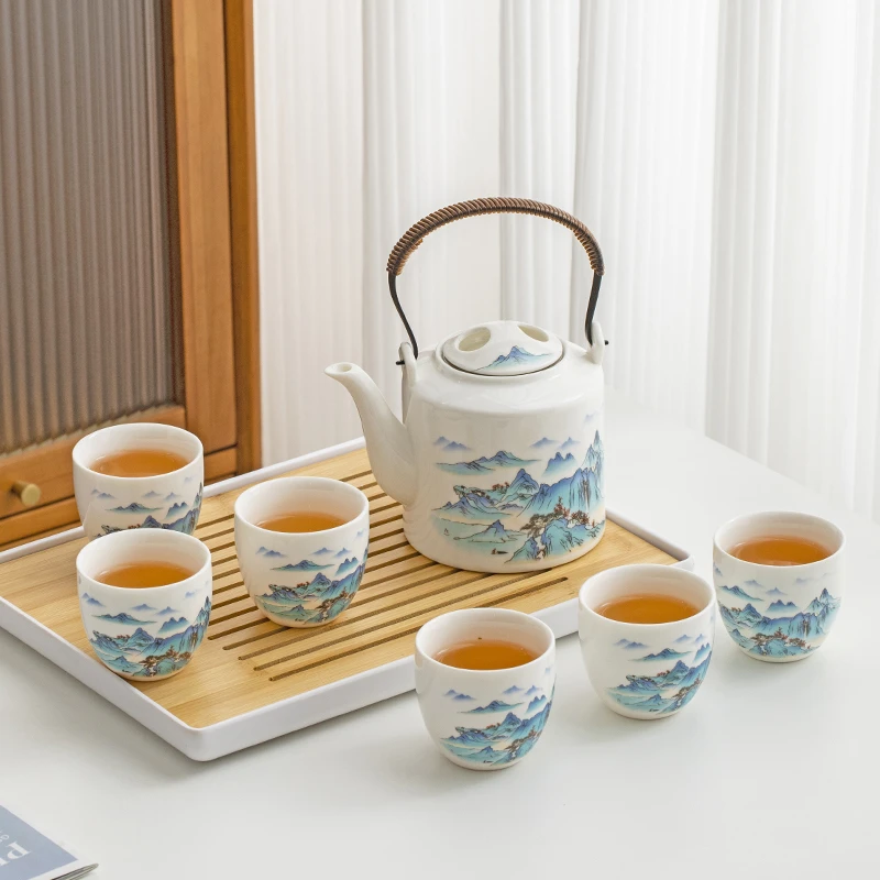 毅煊羊脂玉瓷提梁茶壶茶杯套装陶瓷家用清新现代简约桥壶功夫茶具