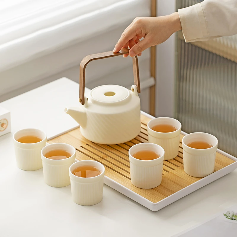 毅煊奶油风提梁茶壶茶杯套装家用陶瓷简约少女功夫茶具下午茶现代