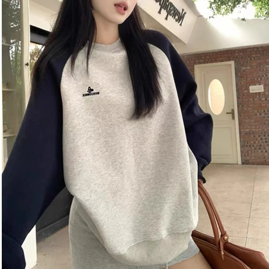 女装秋款插肩袖卫衣新款字母刺绣撞色宽松休闲美式百搭圆领上衣女