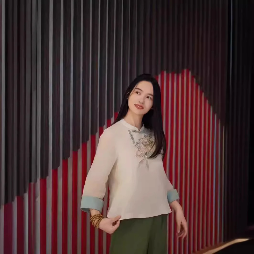 3039大吉春夏装女衬衣翻领衬衫中袖中式亚麻上衣绣花茶服上衣