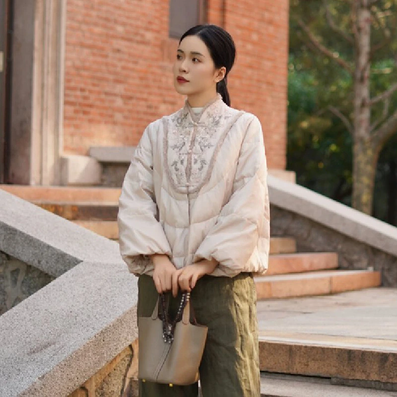大吉原创文艺复古中式立领开襟盘扣绣花薄款冬装外套3225