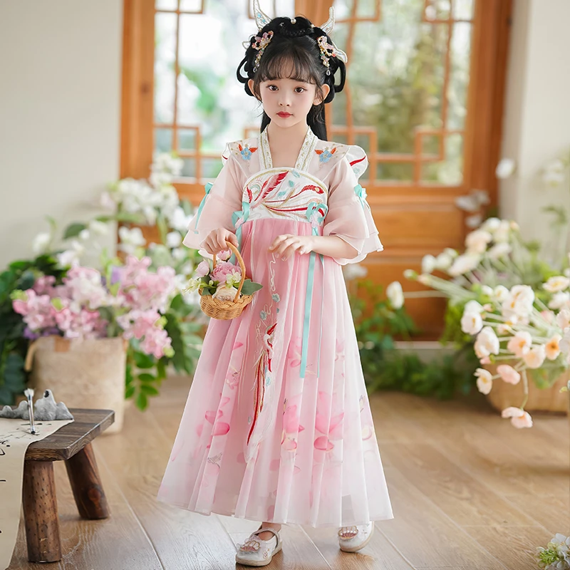 汉服女童夏季儿童古风薄款仙气连衣裙小女孩飘逸中国风唐装裙子
