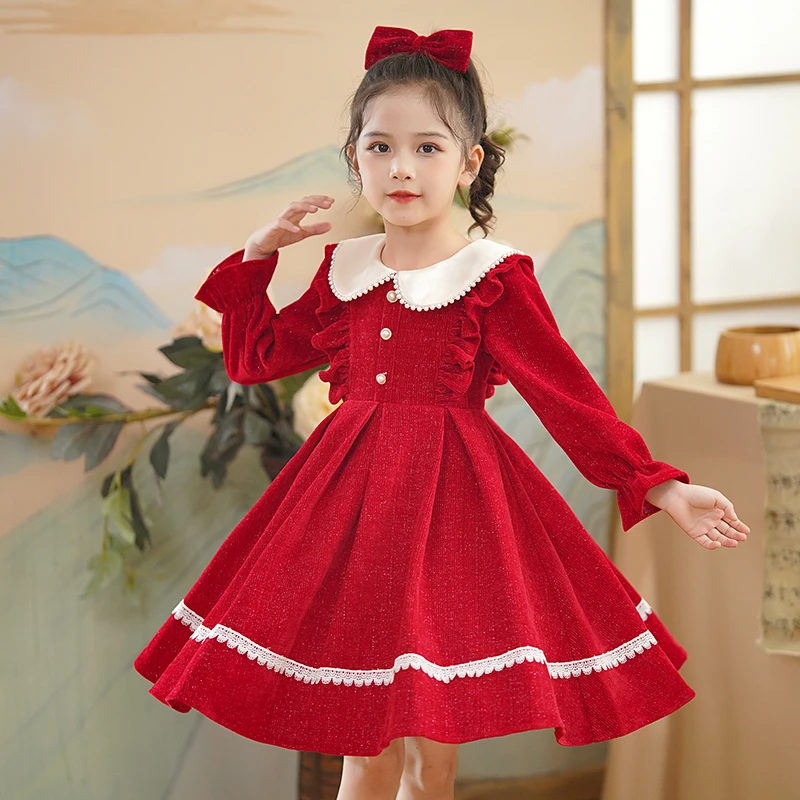 女童公主裙秋冬女孩生日花童礼服儿童加绒加厚裙子洋气红色连衣裙